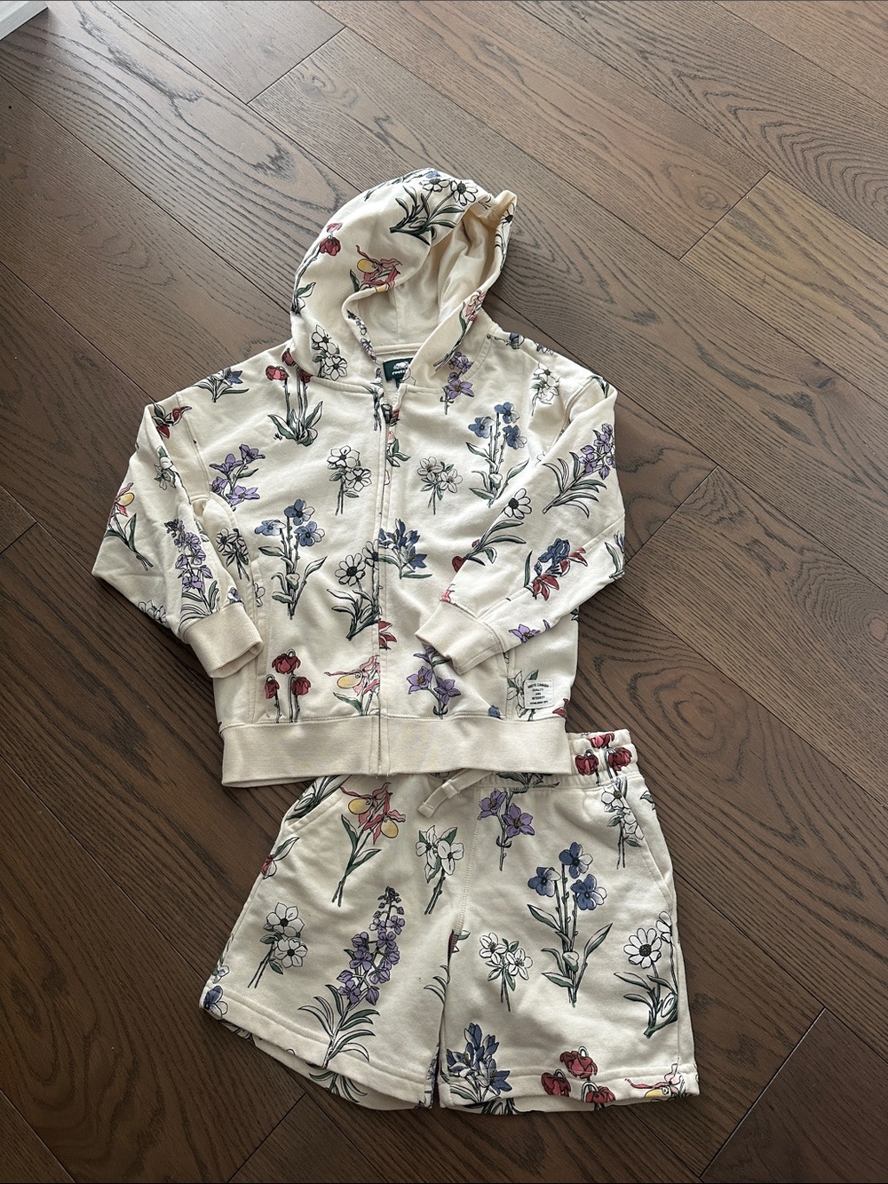 Roots Kids Cream Floral Zip Hoodie with Purple and Green Accents